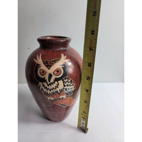 Nicaraguan Pottery OWL Vase Calera Signed Rust Brown Colorful 8"‎ - Picture 6 of 8